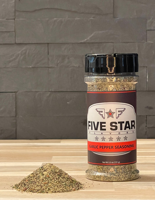 Five Star Flavors Garlic Pepper Seasoning - 5.3 oz (151g) – Dry Rub for Meats, Vegetables, Eggs and More